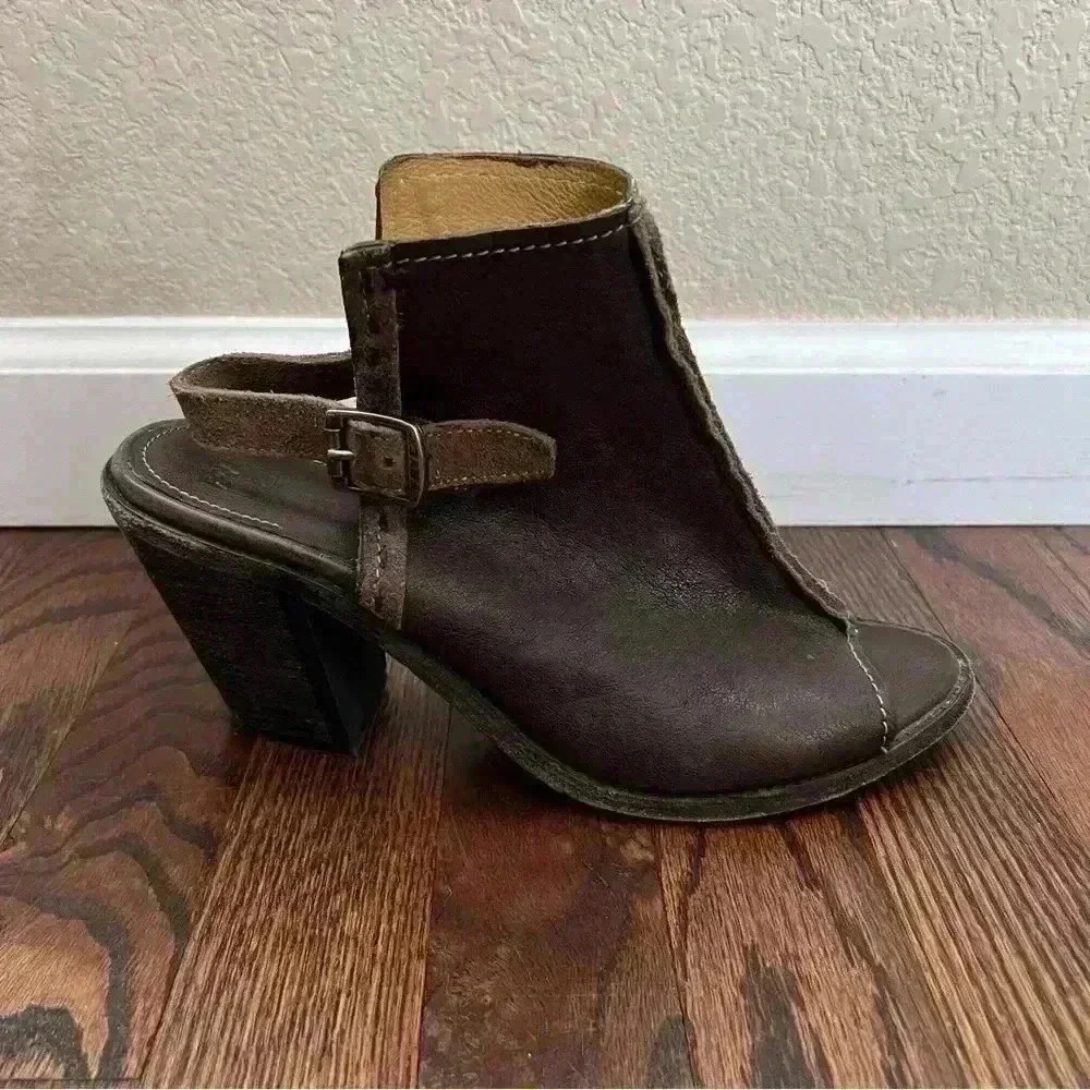 Frye Izzy Artisan Peep Toe Mule Booties Wm Sz 9 B Brown Leather Slingback Sandal